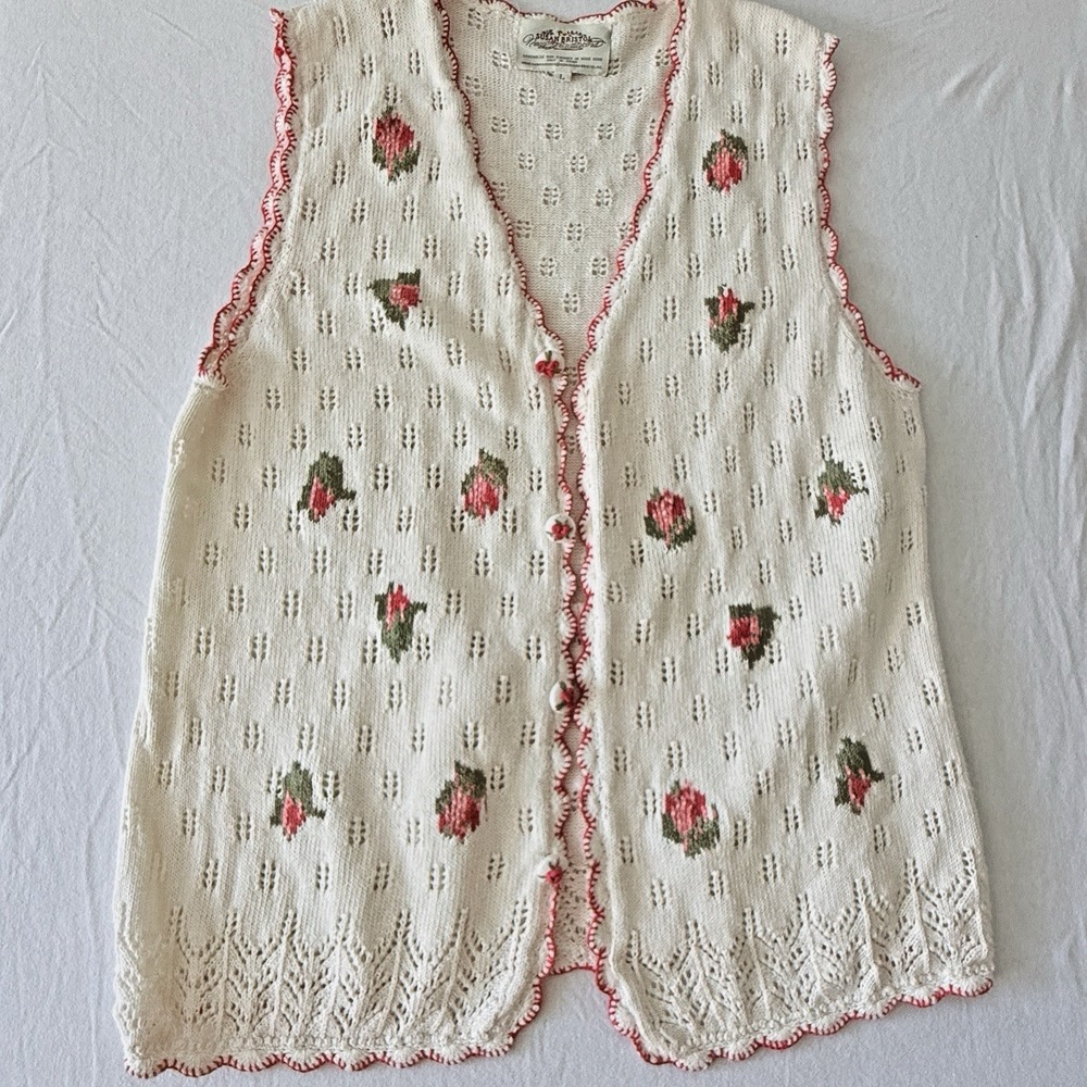 Susan Bristol Sweater Vest Womens Floral Hand Embroidered Pointelle L Vintage 90